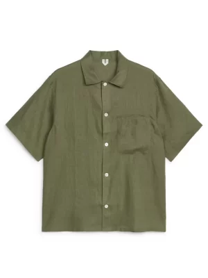 Tenues Décontractées | Chemises-ARKET Chemise à col cubain en lin Vert kaki foncé