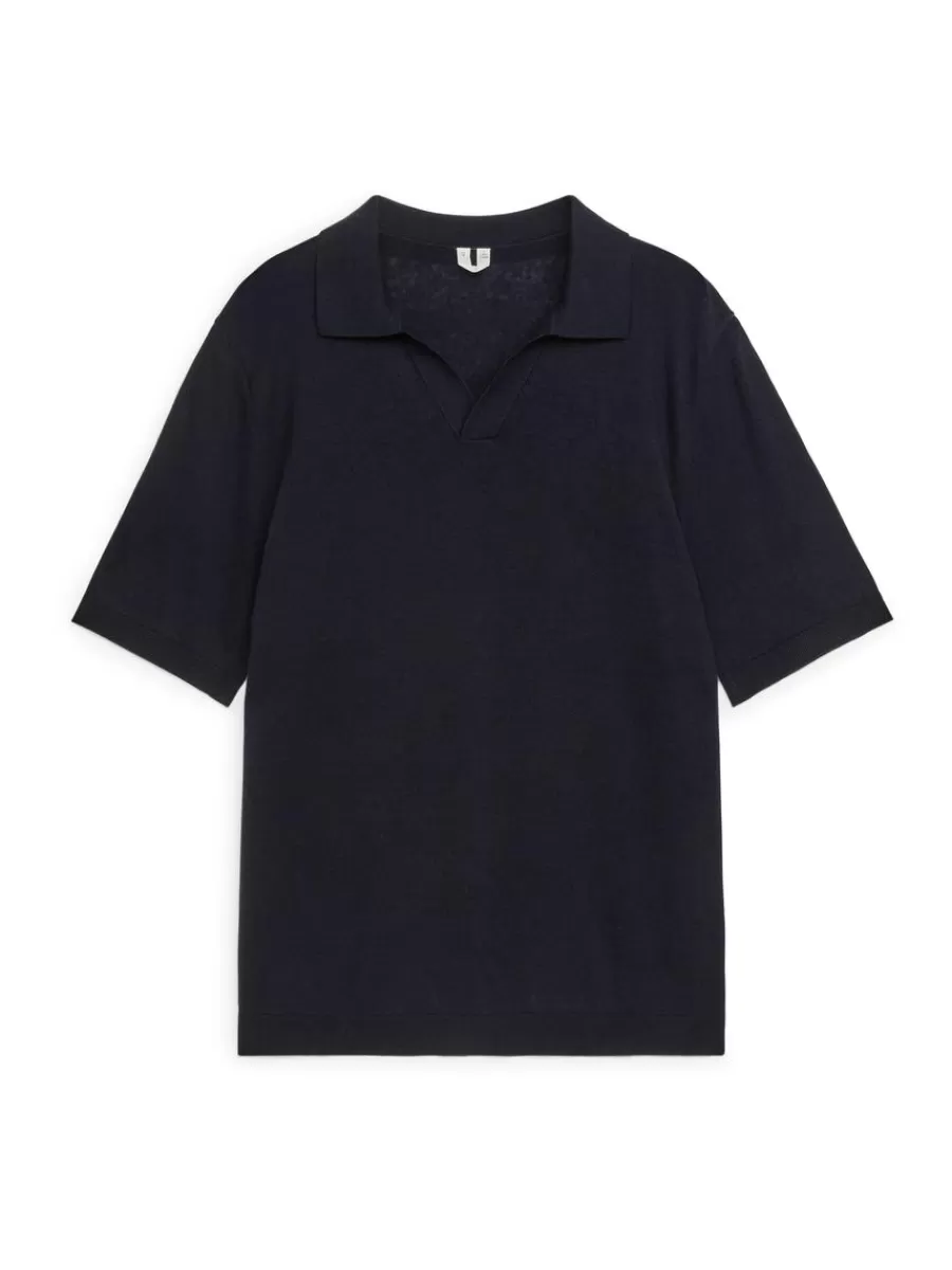 Polos | T-Shirts-ARKET Polo en lin et coton Bleu foncé
