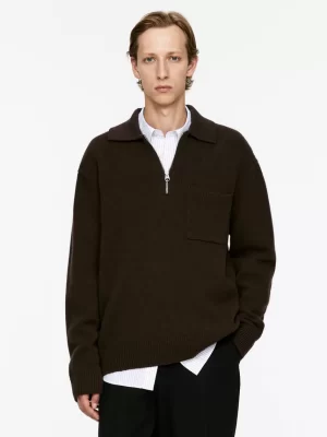 Polos | Maille-ARKET Polo en maille de laine avec fermeture éclair Marron