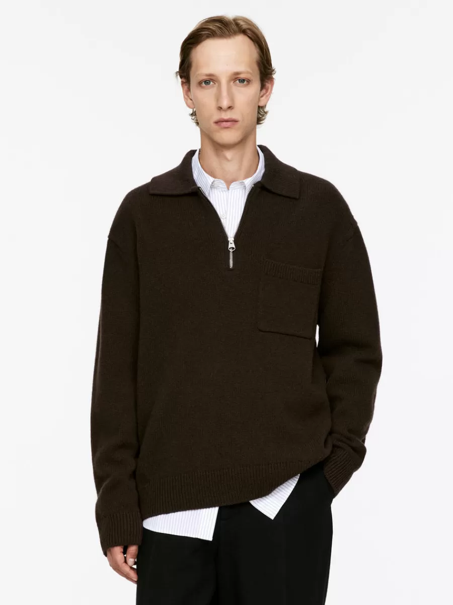 Polos | Maille-ARKET Polo en maille de laine avec fermeture éclair Marron
