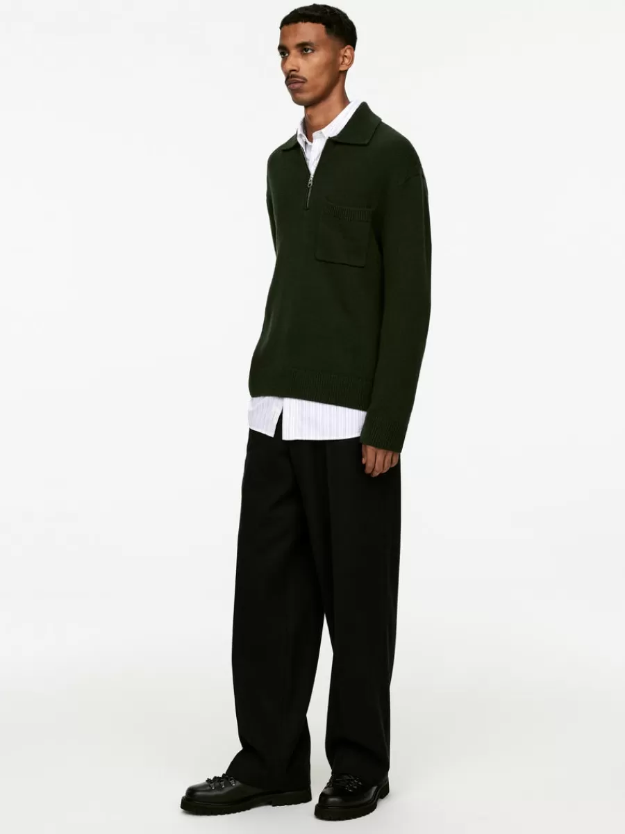 Polos | Maille-ARKET Polo en maille de laine avec fermeture éclair Vert foncé