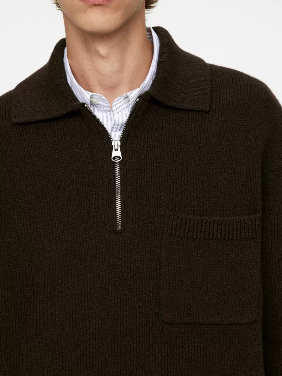 Polos | Maille-ARKET Polo en maille de laine avec fermeture éclair Marron