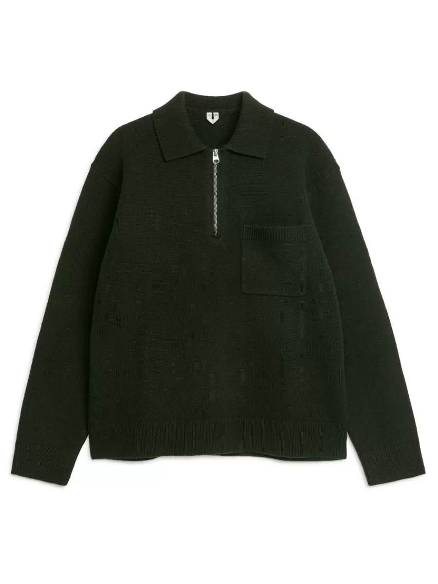 Polos | Maille-ARKET Polo en maille de laine avec fermeture éclair Vert foncé