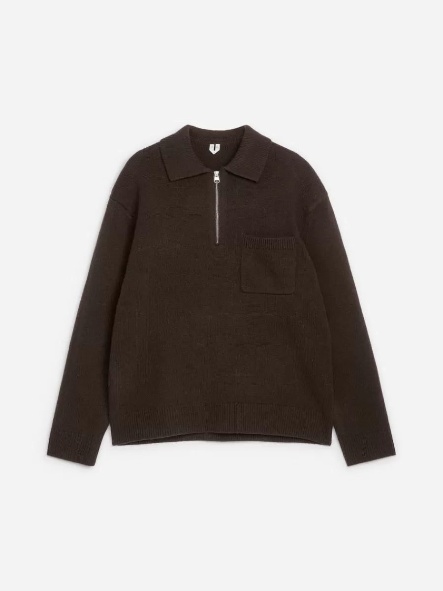 Polos | Maille-ARKET Polo en maille de laine avec fermeture éclair Marron