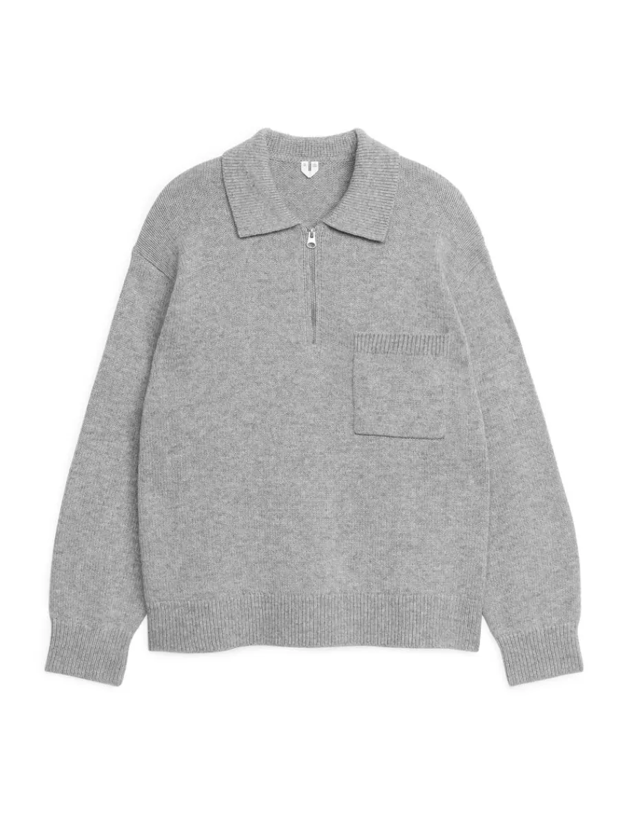 Polos | Maille-ARKET Polo en maille de laine avec fermeture éclair Grey