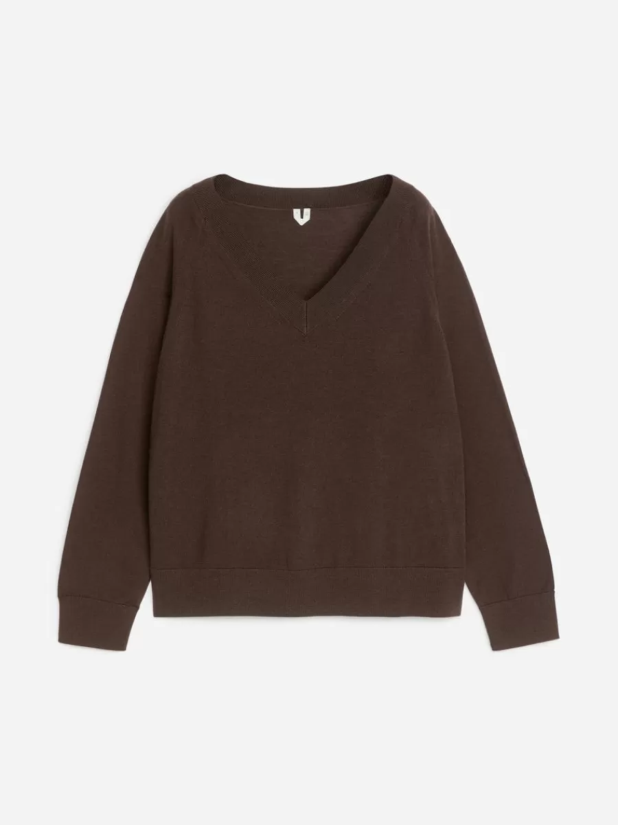 Mailles Et Cardigans-ARKET Pull en laine mérinos avec col en V Marron foncé